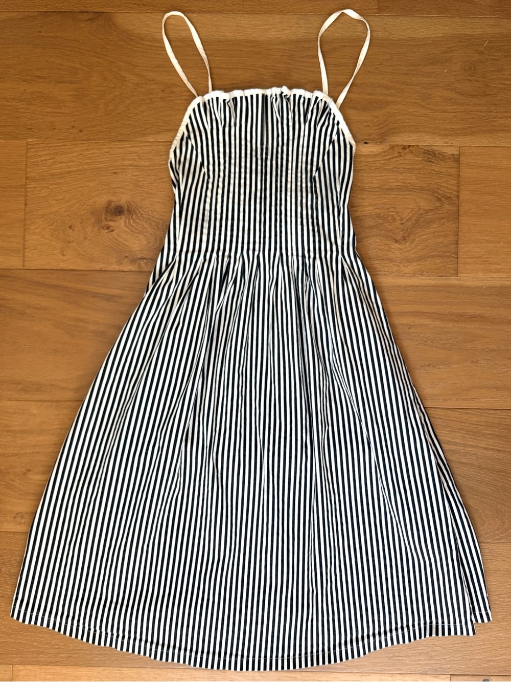 Lucca Couture Black White Stripe Smocked Ruffle Neckline Spaghetti Strap Dress S